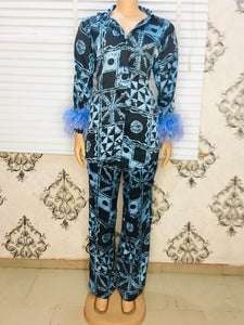 VFS Feather Sleeve Pyjama Set, Powder Blue - L